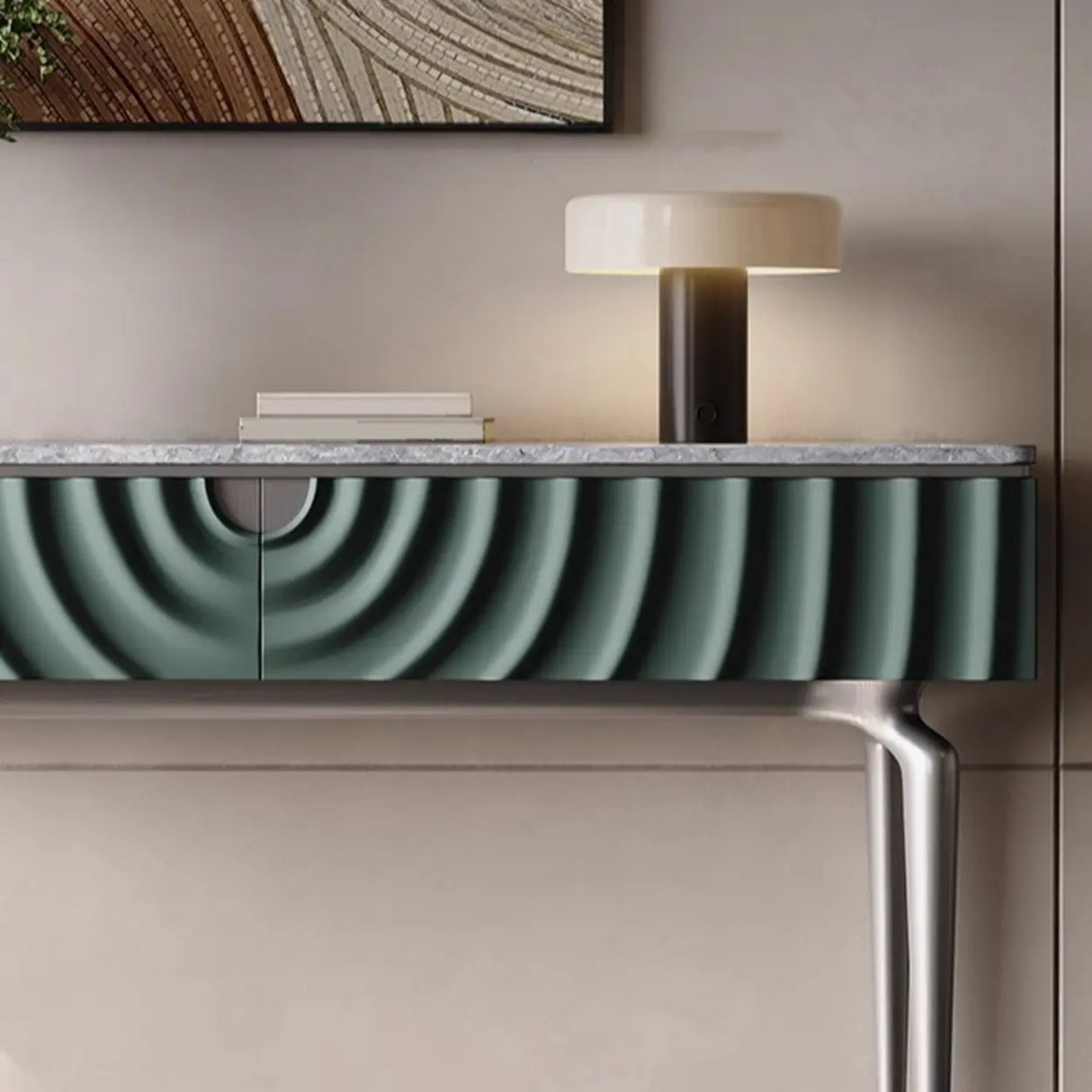 Modish Metal Wave Stone Top Console Table with Drawers Image - 12