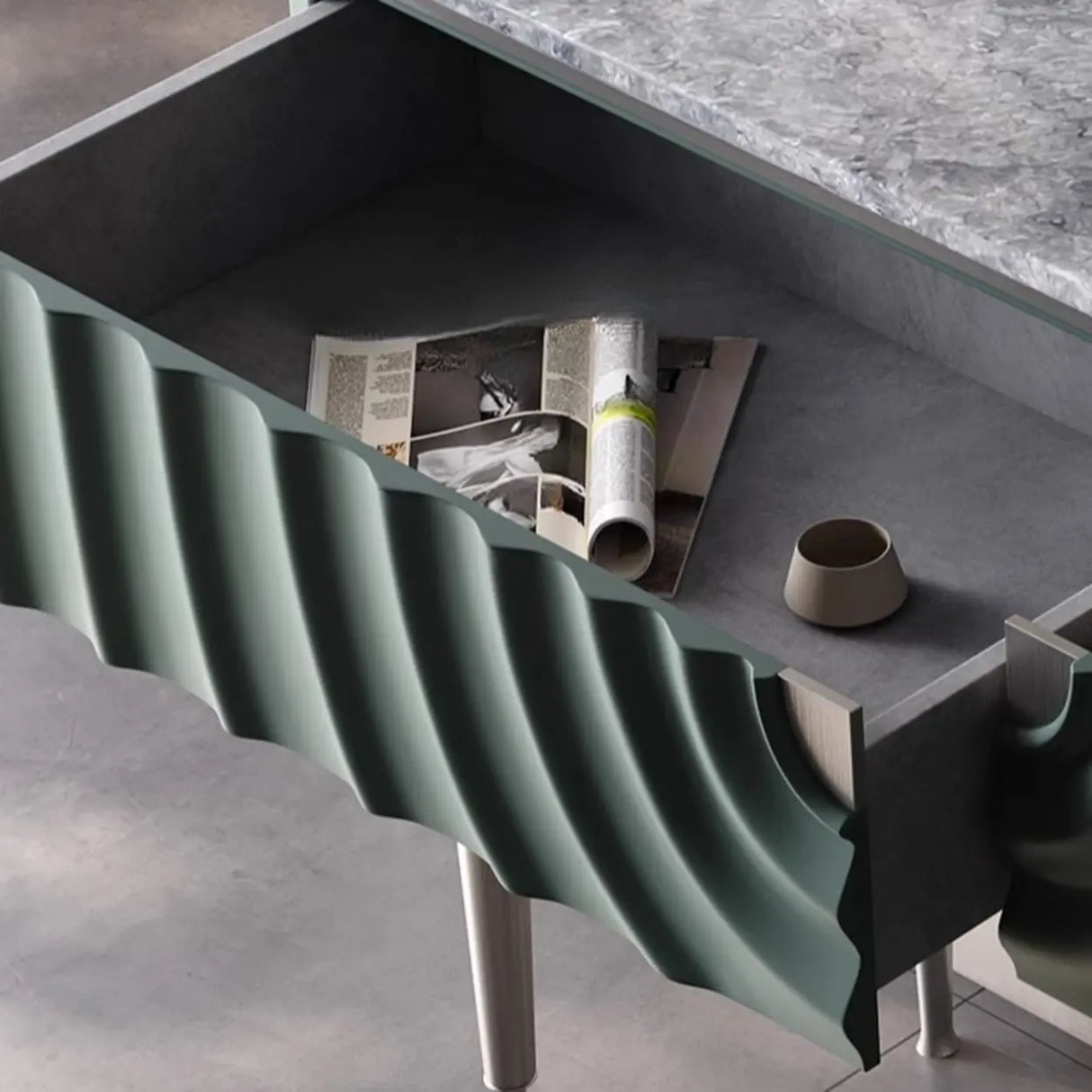 Modish Metal Wave Stone Top Console Table with Drawers Image - 14