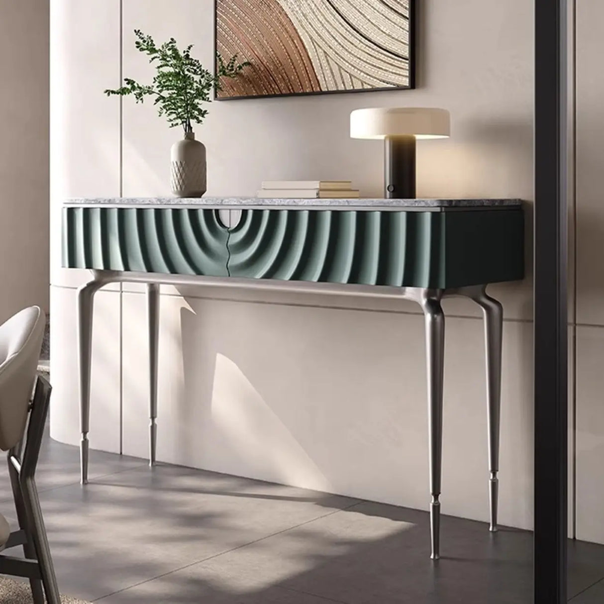 Modish Metal Wave Stone Top Console Table with Drawers Image - 1