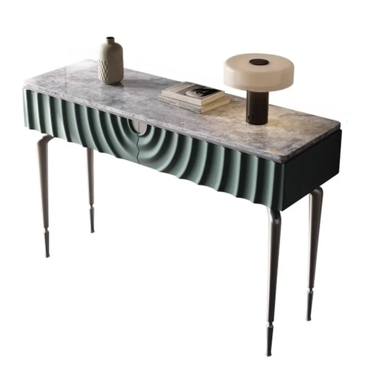 Modish Metal Wave Stone Top Console Table with Drawers Image - 2