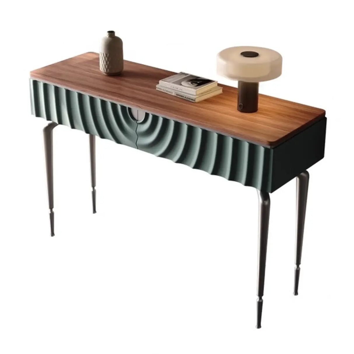 Modish Metal Wave Stone Top Console Table with Drawers Image - 3