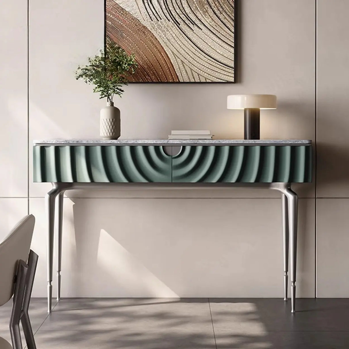 Modish Metal Wave Stone Top Console Table with Drawers Image - 4