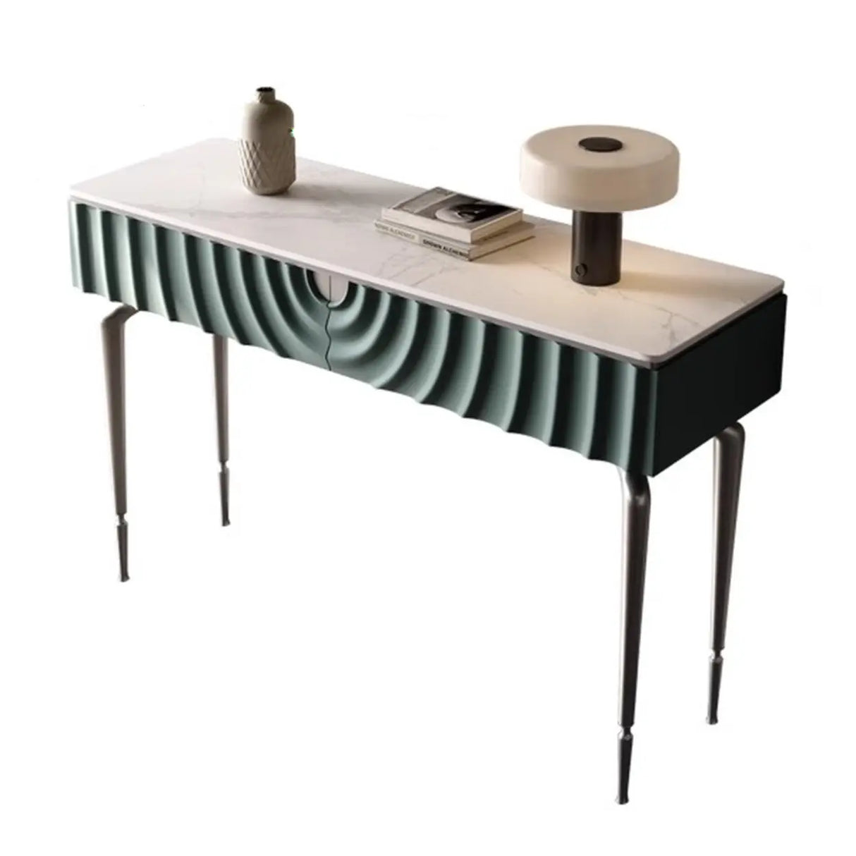 Modish Metal Wave Stone Top Console Table with Drawers Image - 5