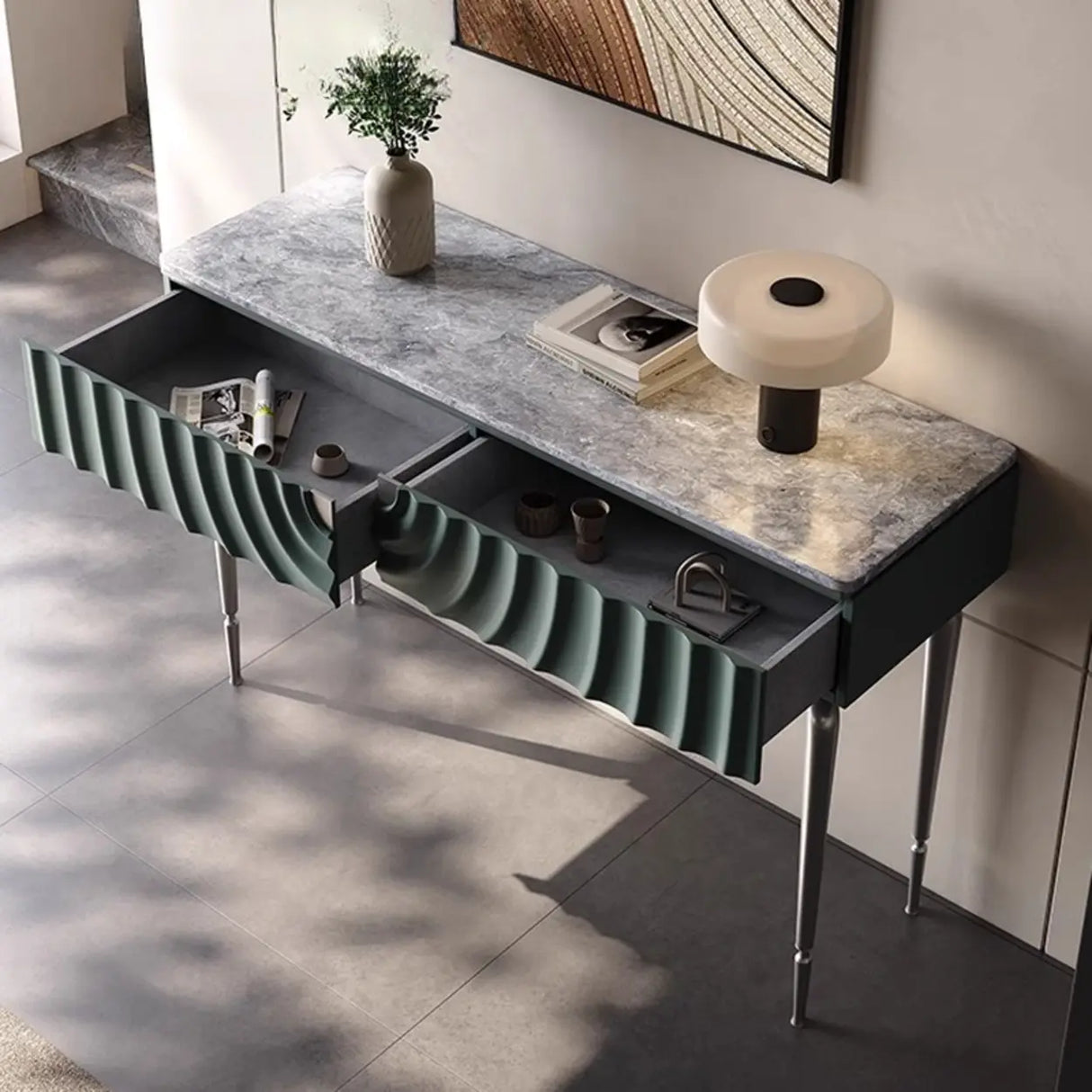 Modish Metal Wave Stone Top Console Table with Drawers Image - 6