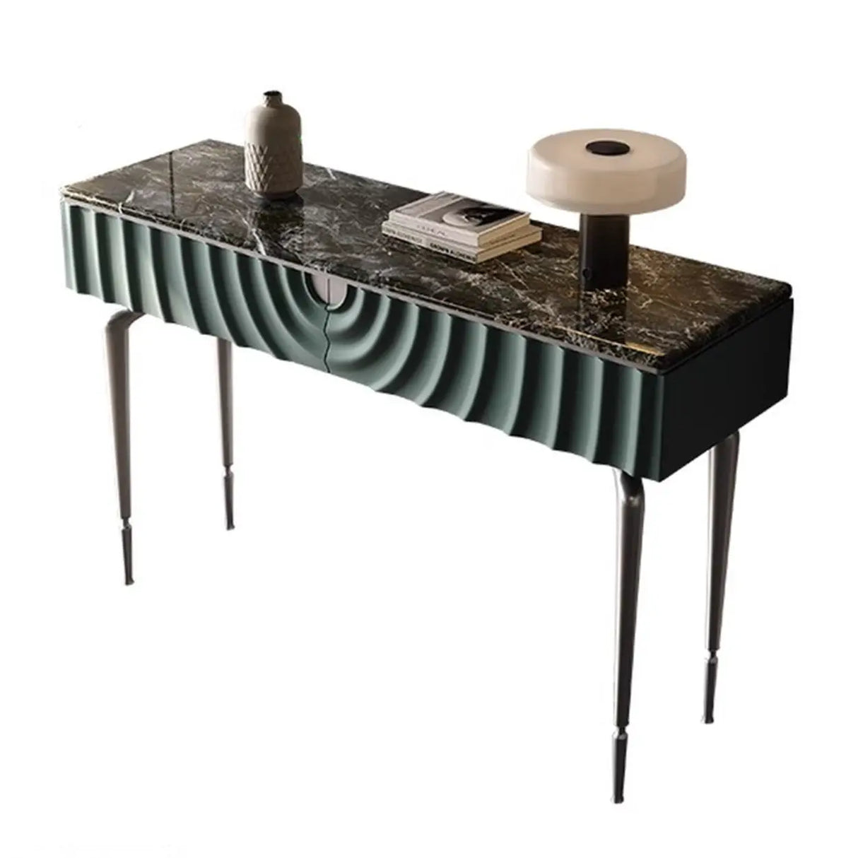 Modish Metal Wave Stone Top Console Table with Drawers Image - 7