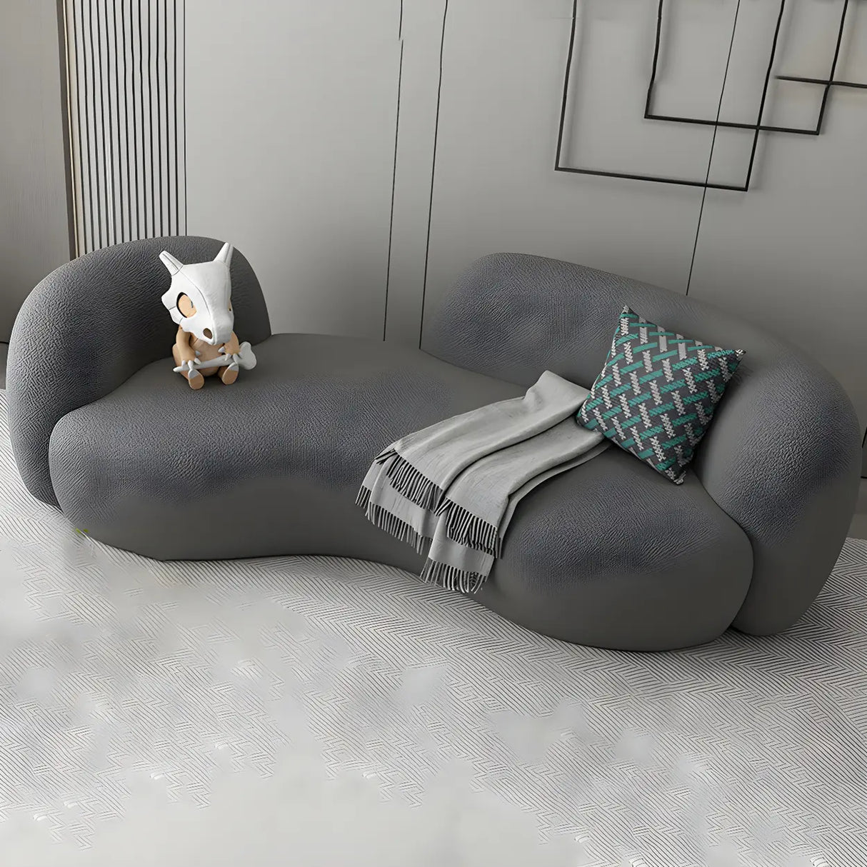 Modish Off-White Curved Sloped Arms Fabric Shallow Sofa Image - 10