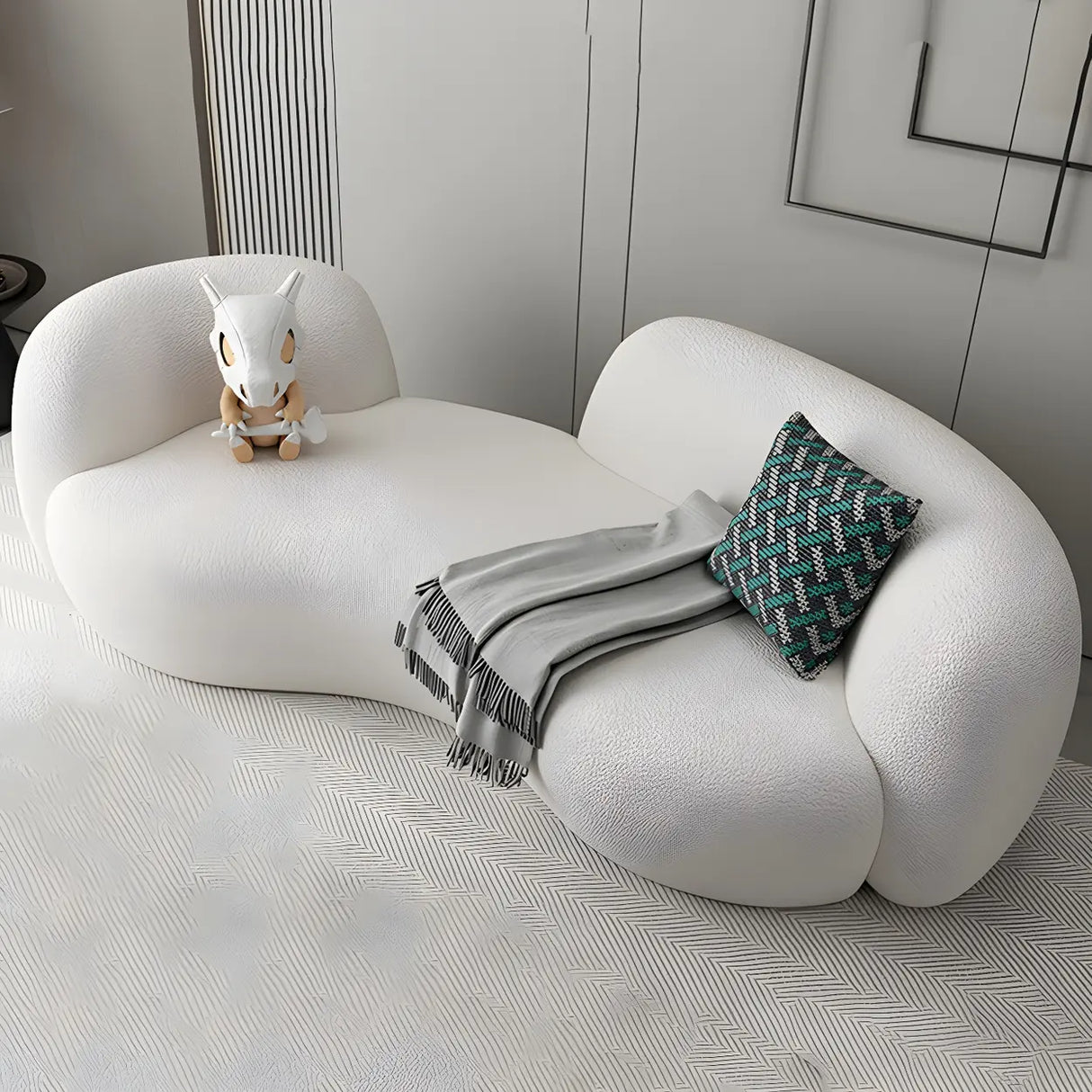 Modish Off-White Curved Sloped Arms Fabric Shallow Sofa Image - 11