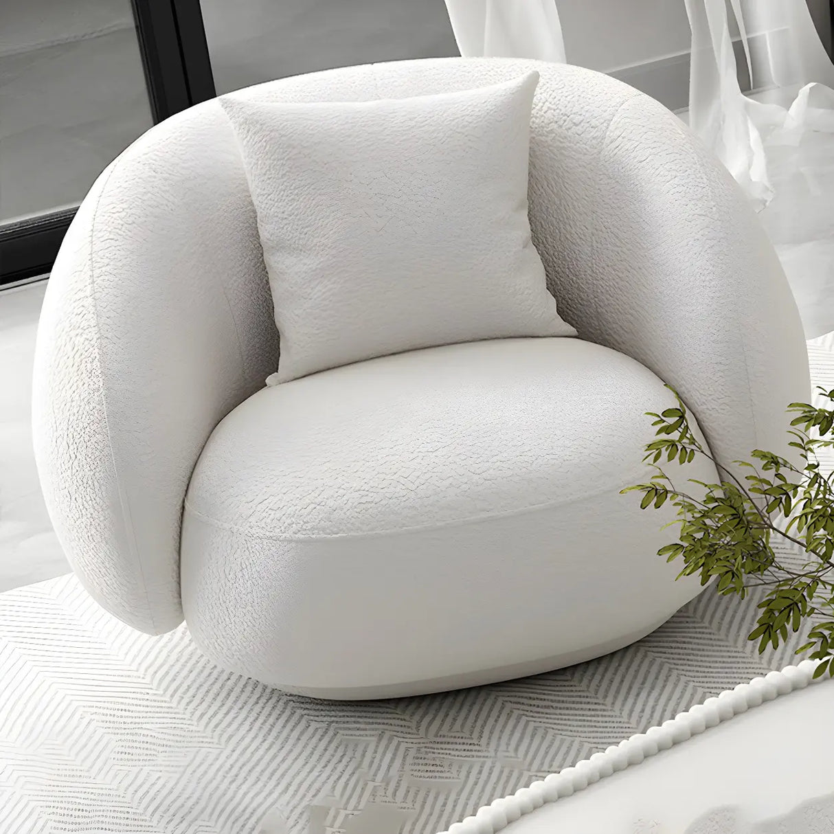 Modish Off-White Curved Sloped Arms Fabric Shallow Sofa Image - 13