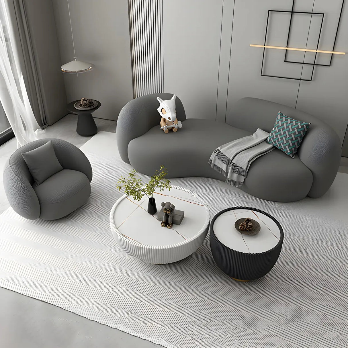 Modish Off-White Curved Sloped Arms Fabric Shallow Sofa Image - 14