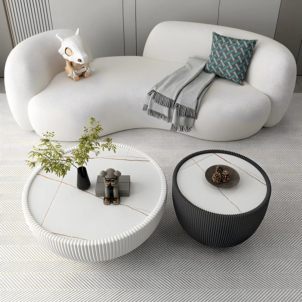 Modish Off-White Curved Sloped Arms Fabric Shallow Sofa Image - 1