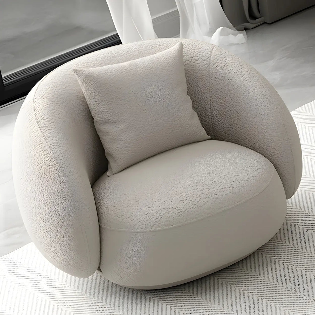 Modish Off-White Curved Sloped Arms Fabric Shallow Sofa Image - 2