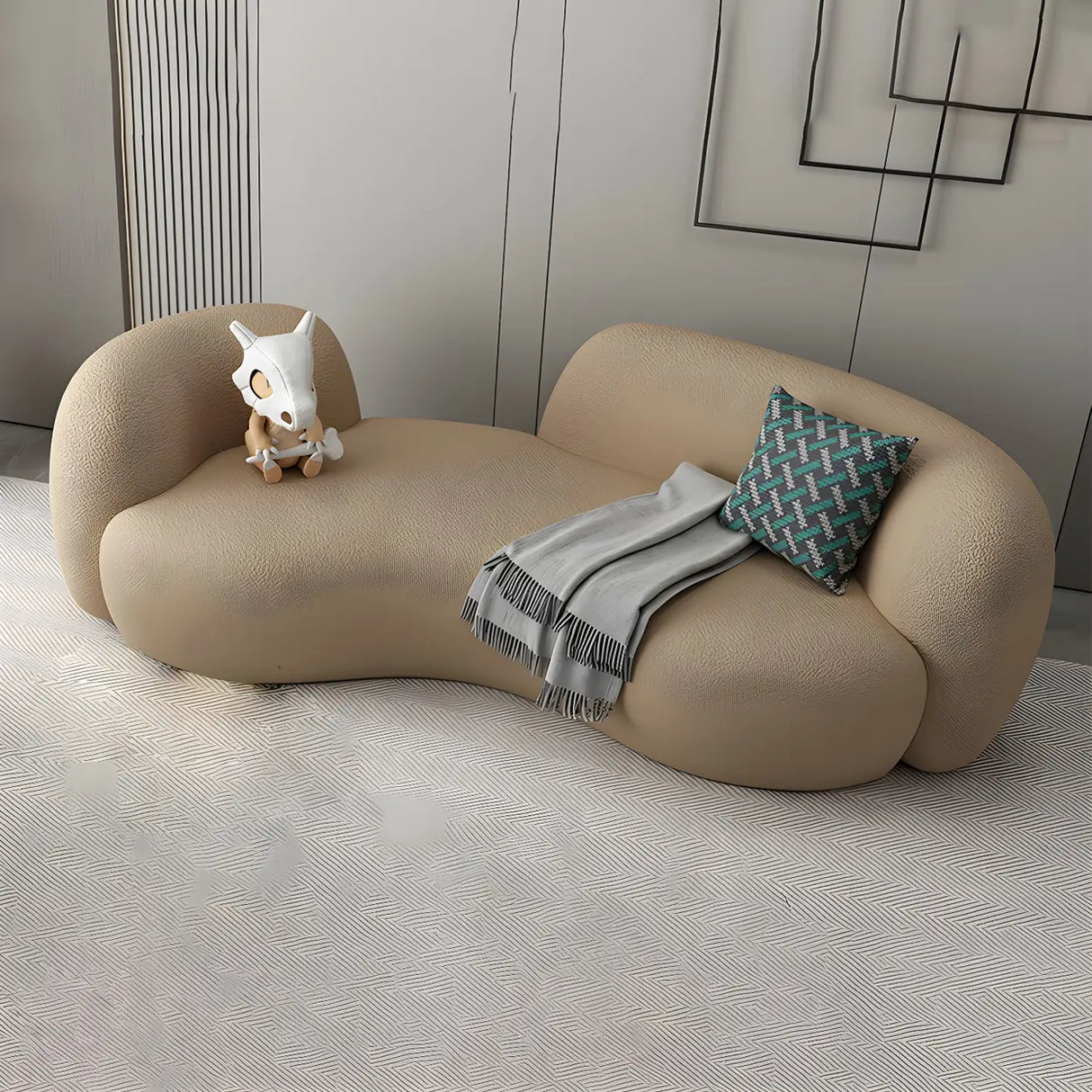 Modish Off-White Curved Sloped Arms Fabric Shallow Sofa Image - 3