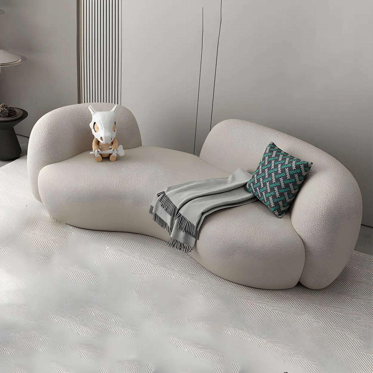 Modish Off-White Curved Sloped Arms Fabric Shallow Sofa Image - 4