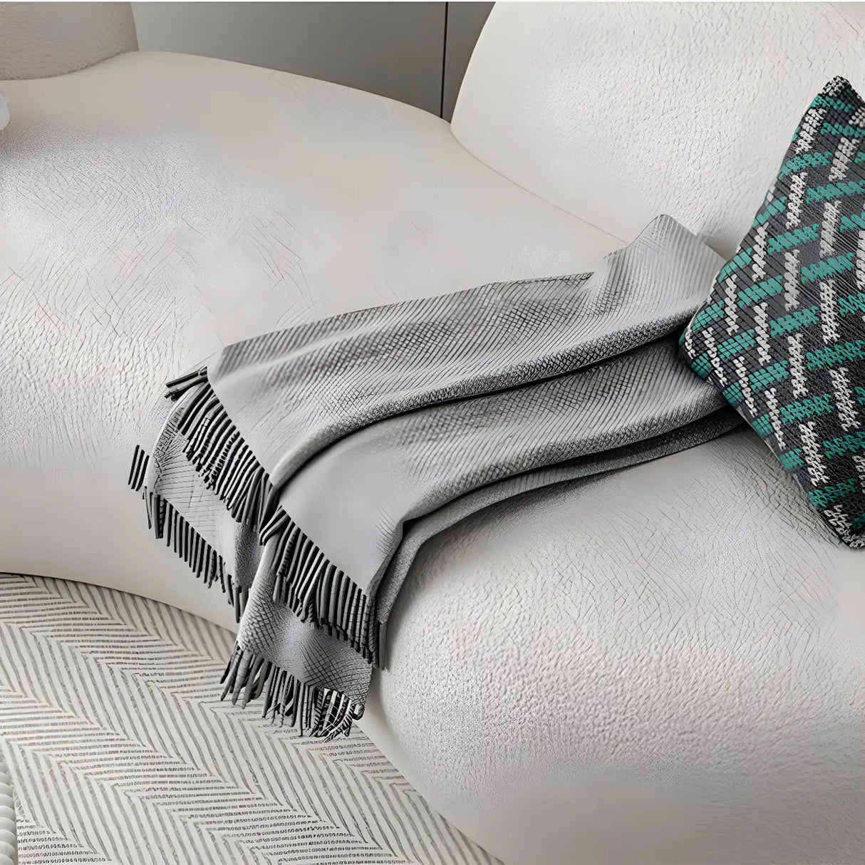 Modish Off-White Curved Sloped Arms Fabric Shallow Sofa Image - 6