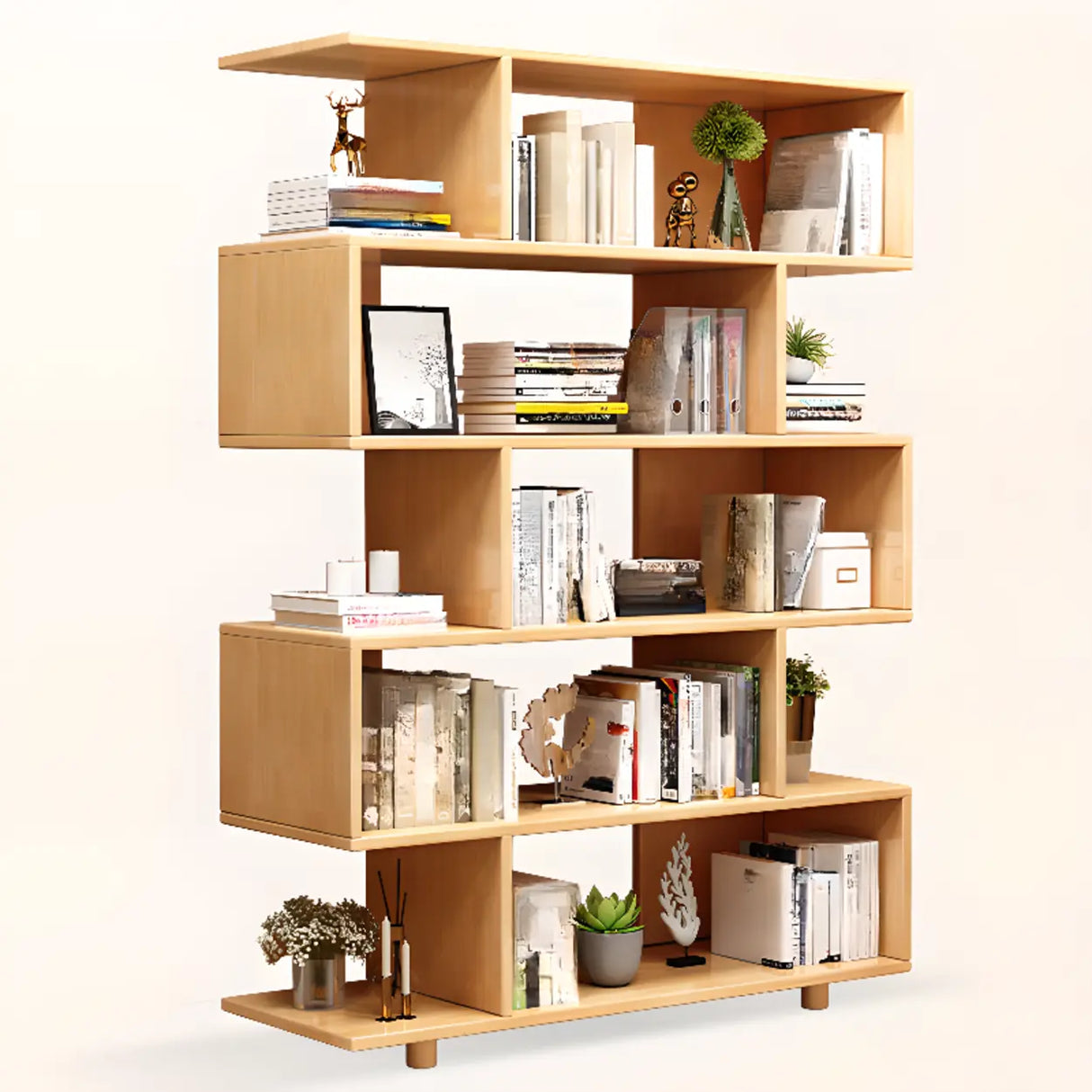 Modish Open Geometric Vertical Natural Wood Bookshelf Image - 10