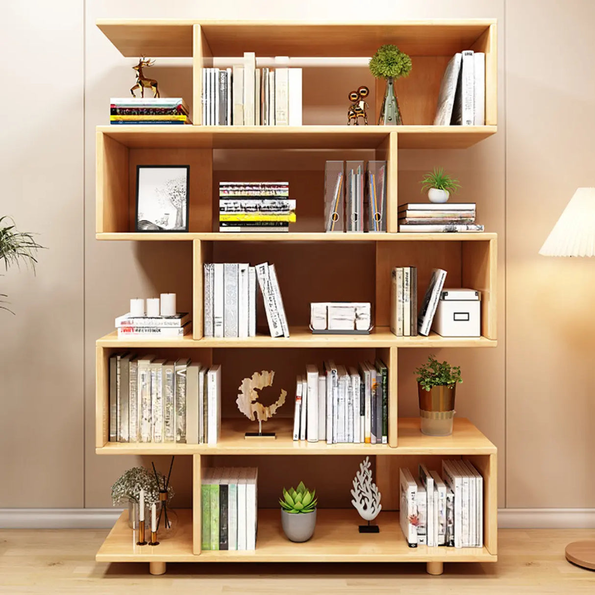Modish Open Geometric Vertical Natural Wood Bookshelf Image - 1