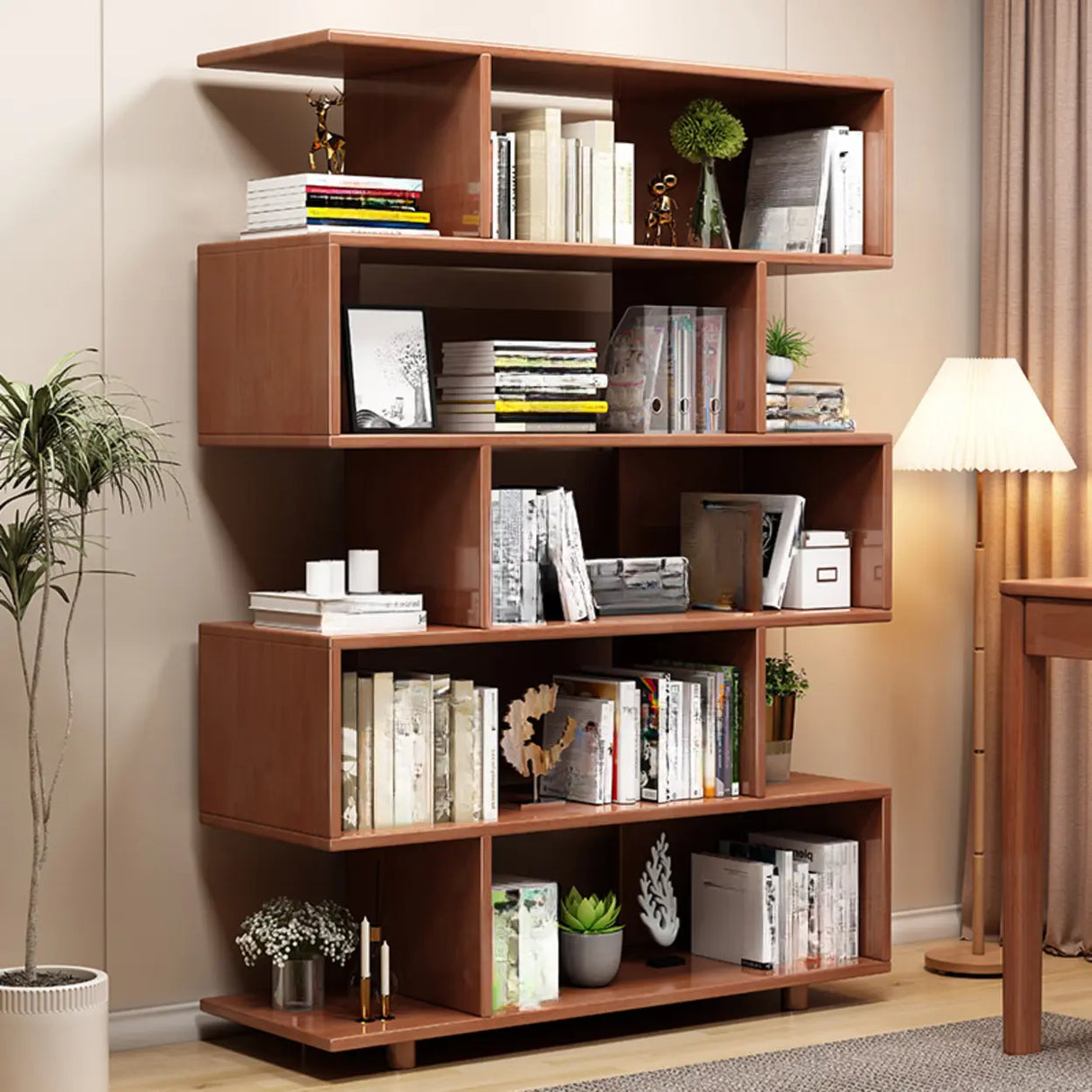Modish Open Geometric Vertical Natural Wood Bookshelf Image - 2