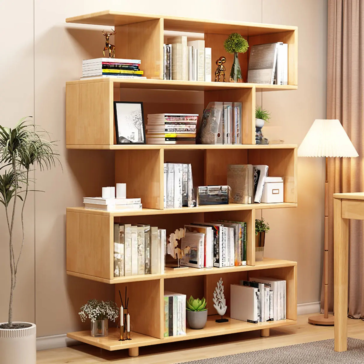 Modish Open Geometric Vertical Natural Wood Bookshelf Image - 3