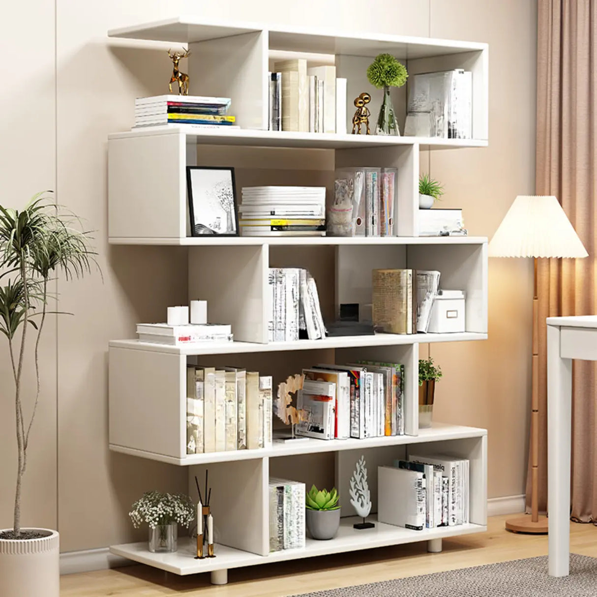 Modish Open Geometric Vertical Natural Wood Bookshelf Image - 4
