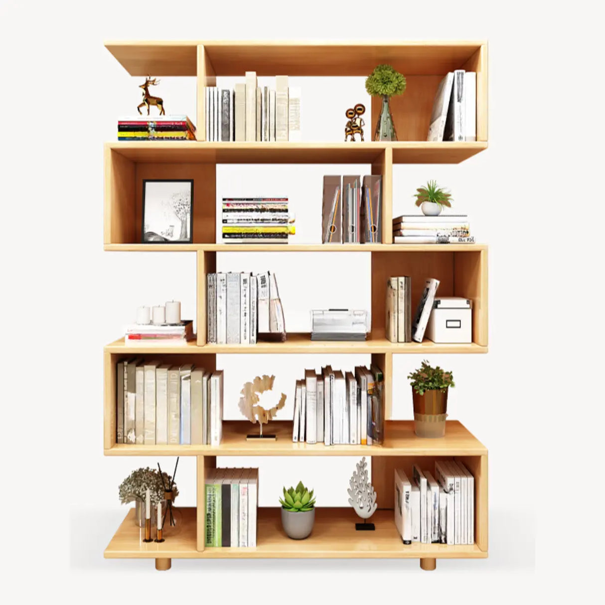 Modish Open Geometric Vertical Natural Wood Bookshelf Image - 5