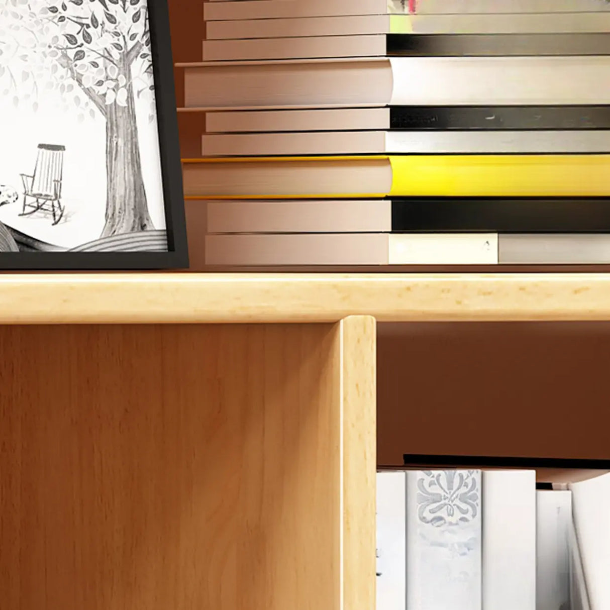 Modish Open Geometric Vertical Natural Wood Bookshelf Image - 6