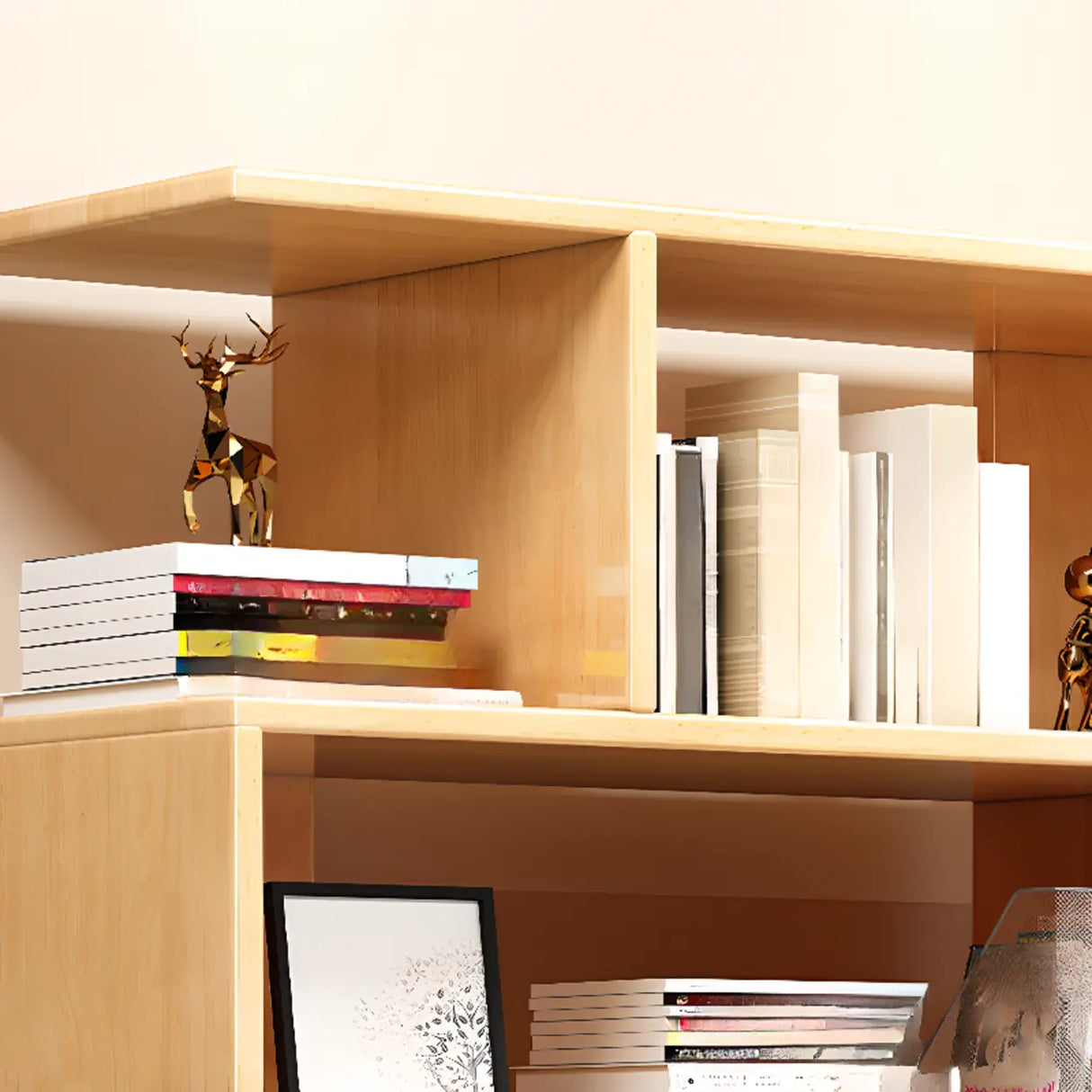 Modish Open Geometric Vertical Natural Wood Bookshelf Image - 8