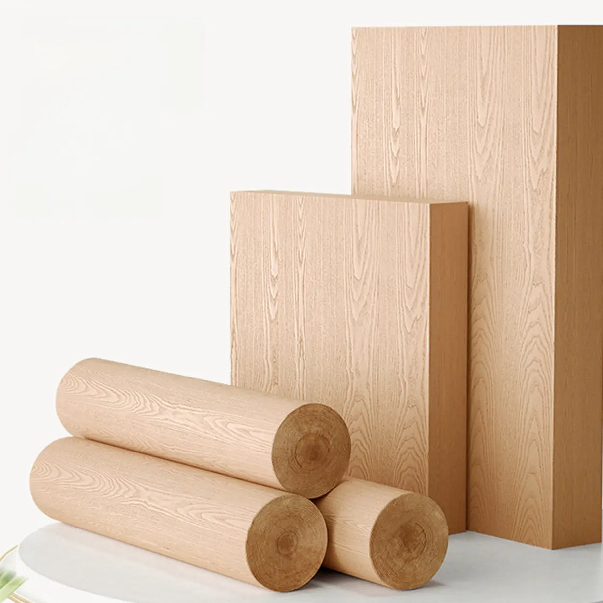 Modish Open Geometric Vertical Natural Wood Bookshelf Image - 9