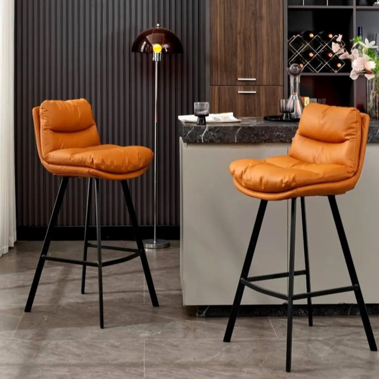 Modish Orange Saddle Leather Bar Stool with Back and Footrest Image - 1
