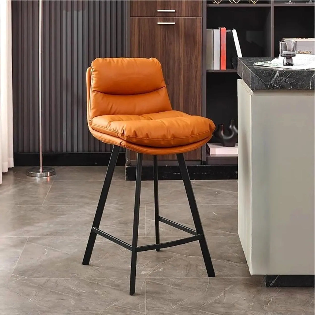 Modish Orange Saddle Leather Bar Stool with Back and Footrest Image - 2