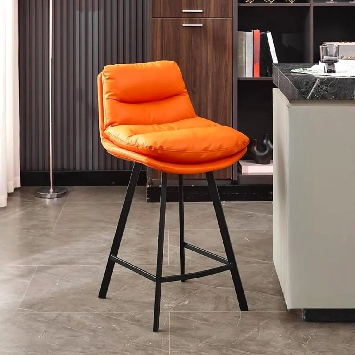 Modish Orange Saddle Leather Bar Stool with Back and Footrest Image - 7
