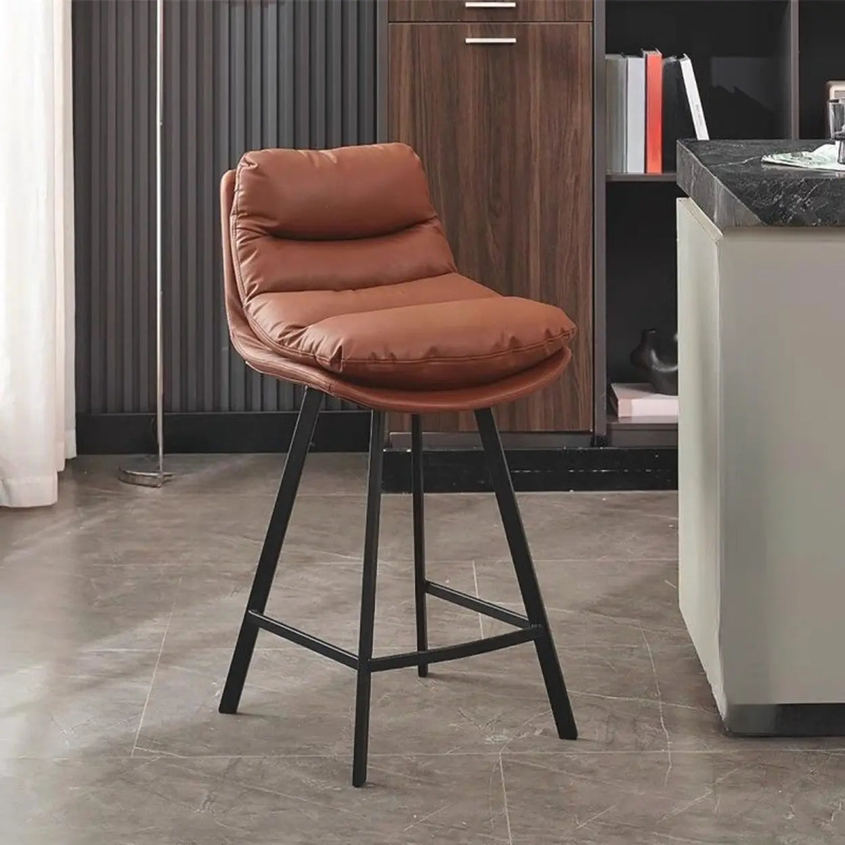 Modish Orange Saddle Leather Bar Stool with Back and Footrest Image - 9