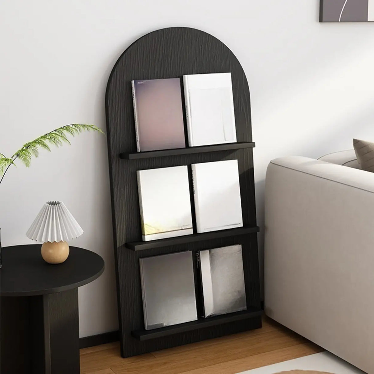 Modish Vertical Arch Espresso 3 Shelves Wood Bookshelf Image - 5