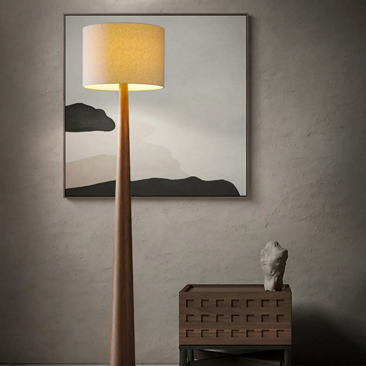 Modish White Cylinder Walnut Metal LED Floor Lamp Image - 1