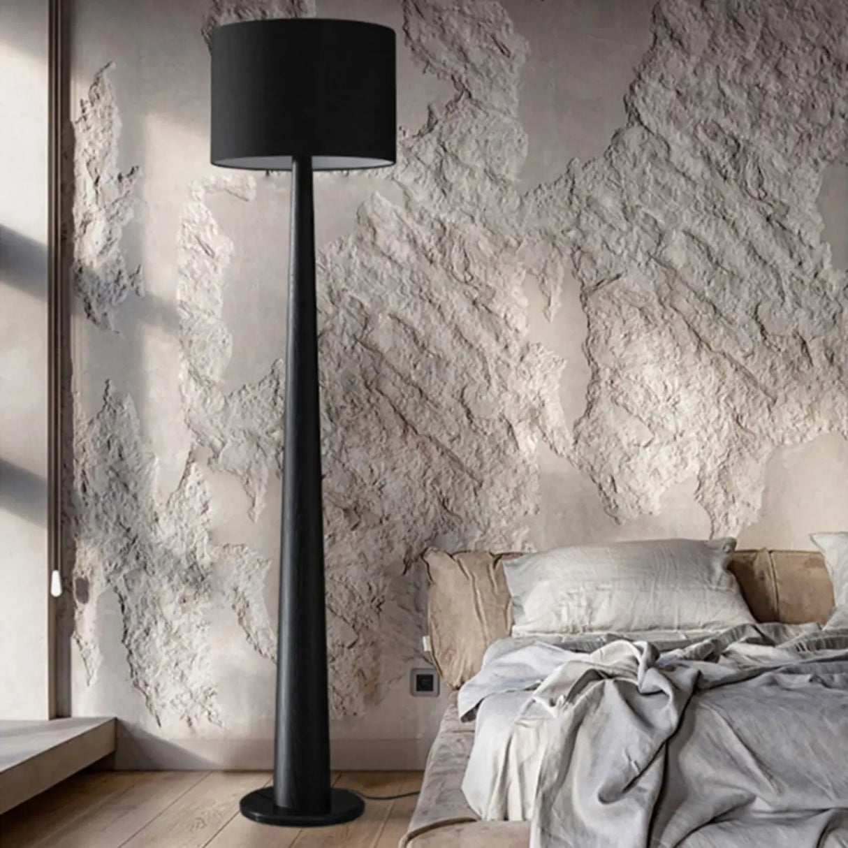 Modish White Cylinder Walnut Metal LED Floor Lamp Image - 2