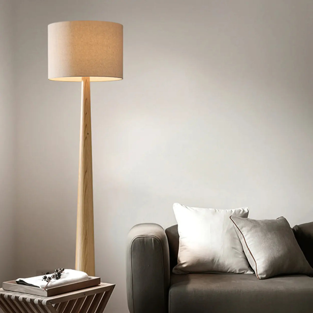 Modish White Cylinder Walnut Metal LED Floor Lamp Image - 3