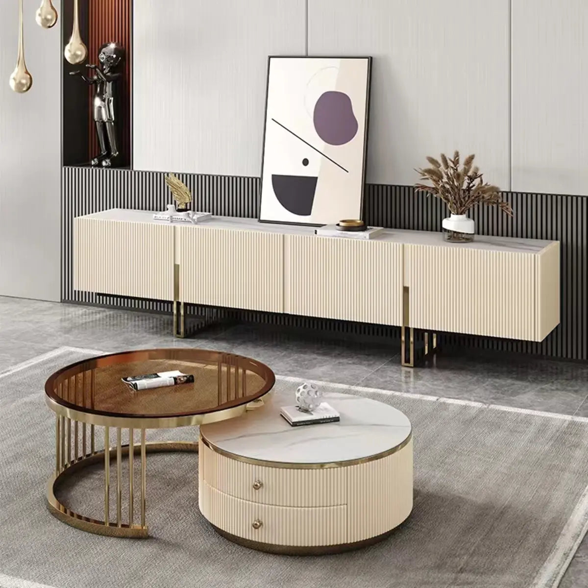 Modish White Stone Rectangular TV Stand with Cabinet Image - 1