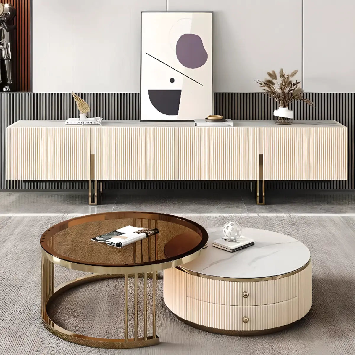 Modish White Stone Rectangular TV Stand with Cabinet Image - 2