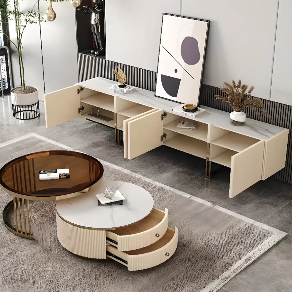 Modish White Stone Rectangular TV Stand with Cabinet Image - 3