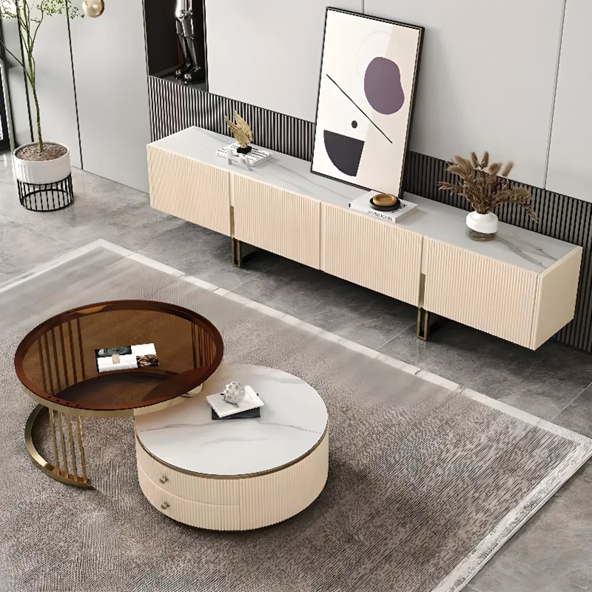 Modish White Stone Rectangular TV Stand with Cabinet Image - 4