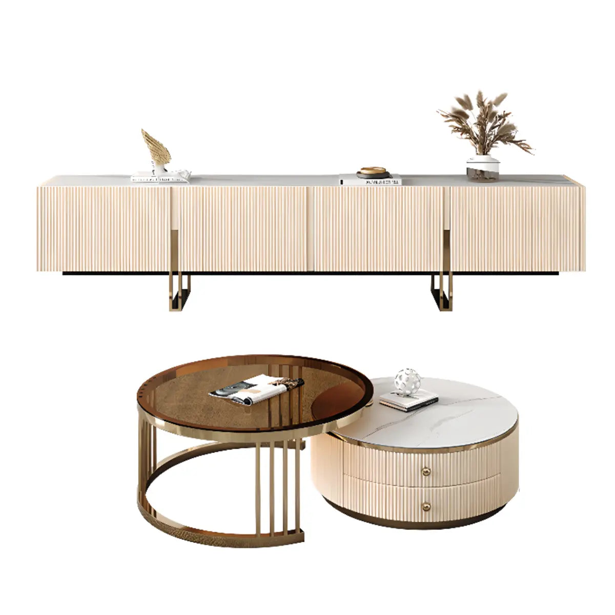 Modish White Stone Rectangular TV Stand with Cabinet Image - 5