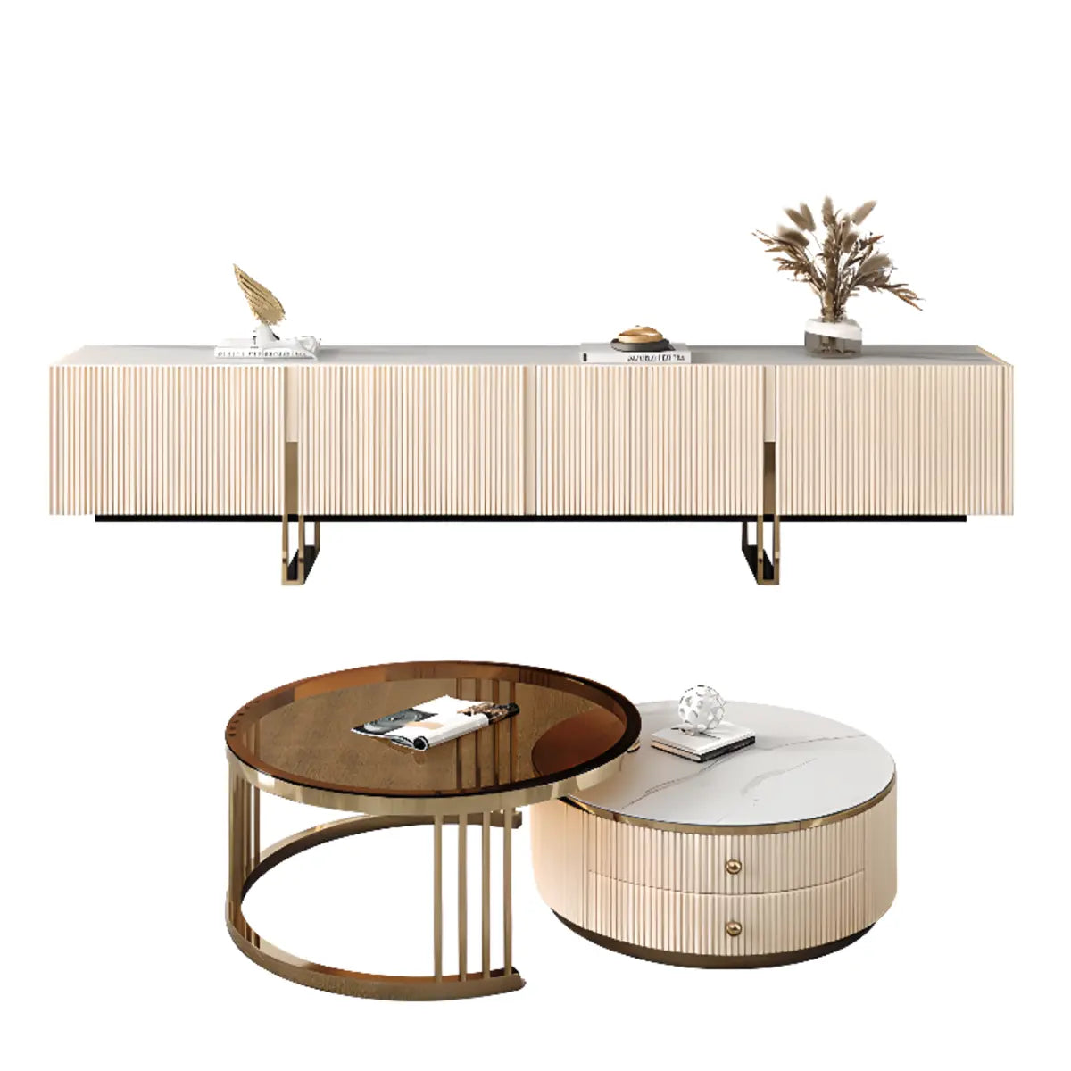 Modish White Stone Rectangular TV Stand with Cabinet Image - 6