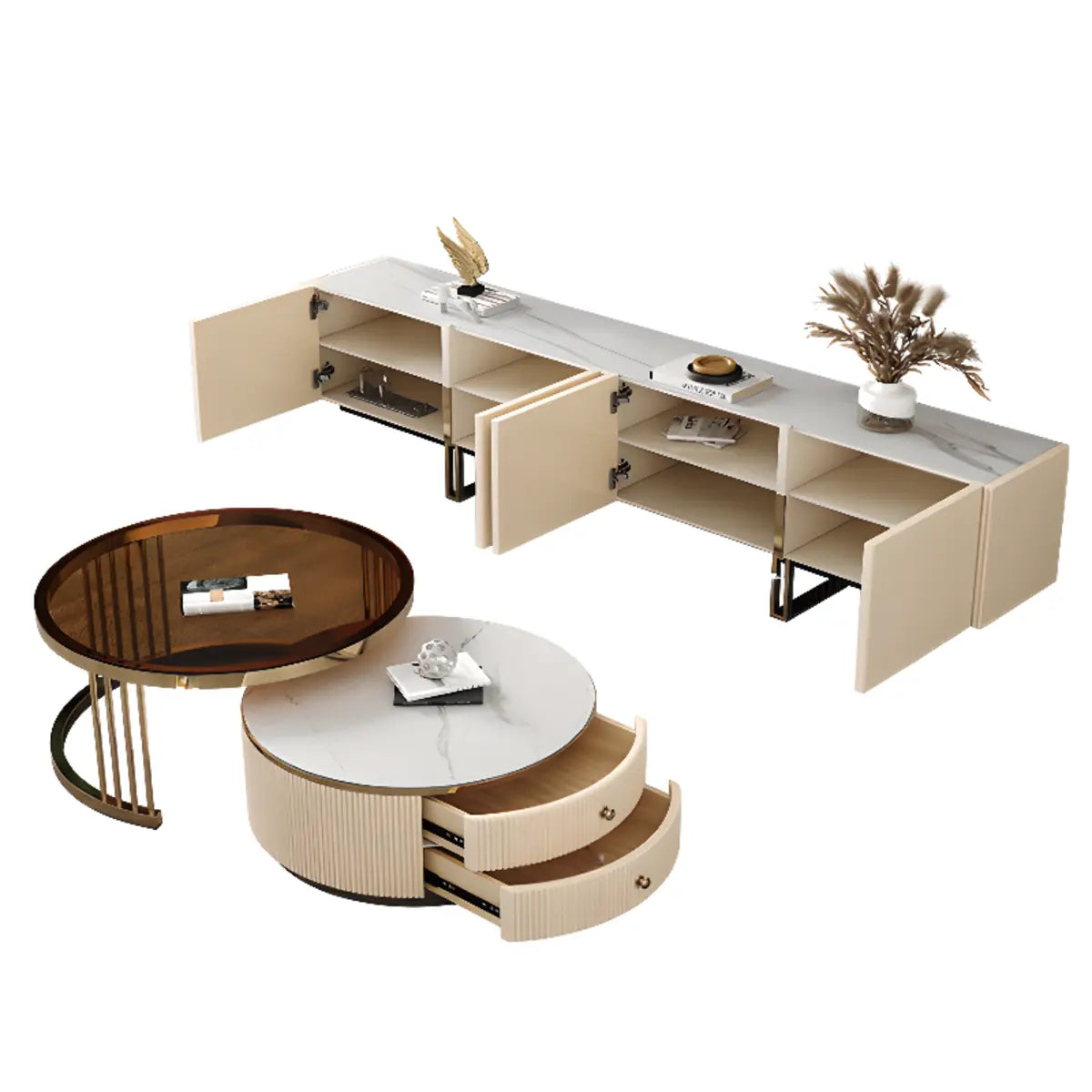 Modish White Stone Rectangular TV Stand with Cabinet Image - 7