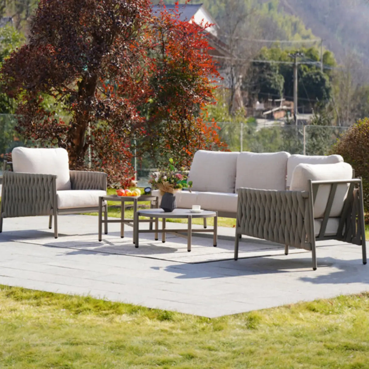 Modish Woven Metal Beige Outdoor Sectional Sofa Set Image - 1
