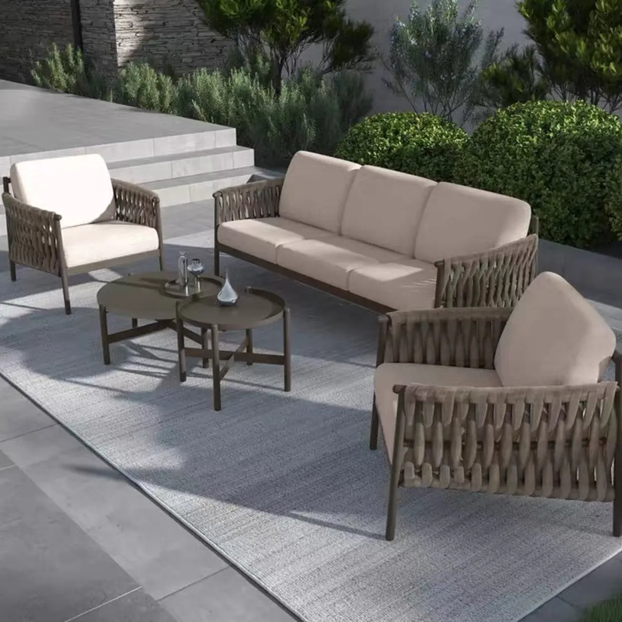 Modish Woven Metal Beige Outdoor Sectional Sofa Set Image - 4