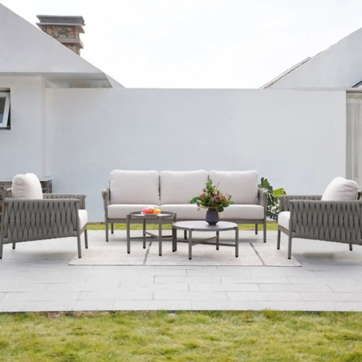 Modish Woven Metal Beige Outdoor Sectional Sofa Set Image - 5