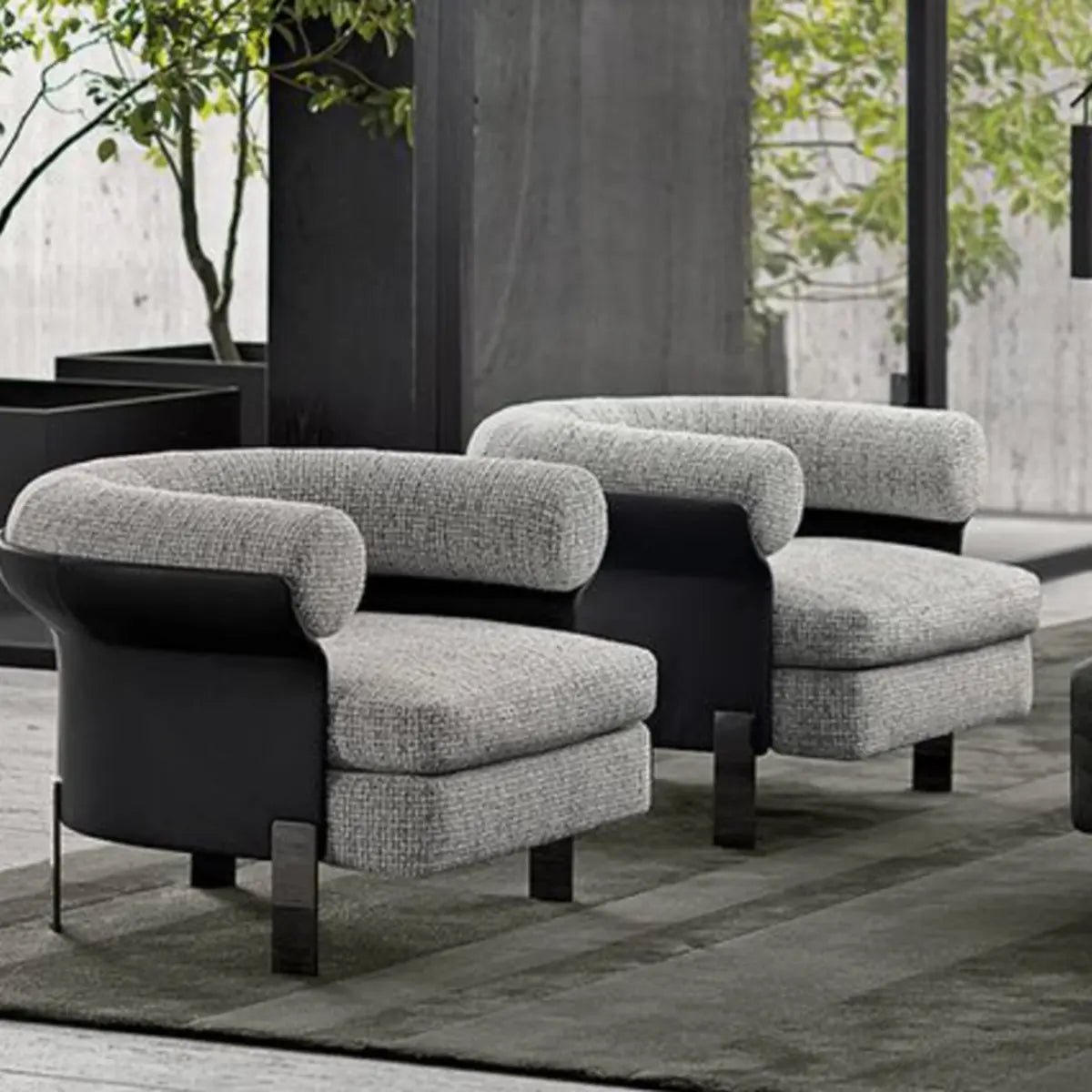 Mohair Round Arm Cushion Back Four Legs Barrel Chair Image - 4