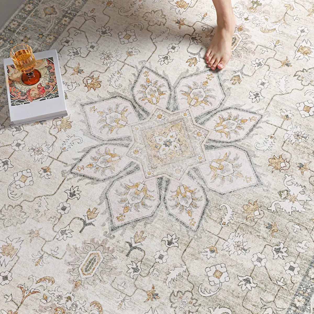 Moroccan Rectangle Beige Anti-Slip Floral Area Rug Image - 12