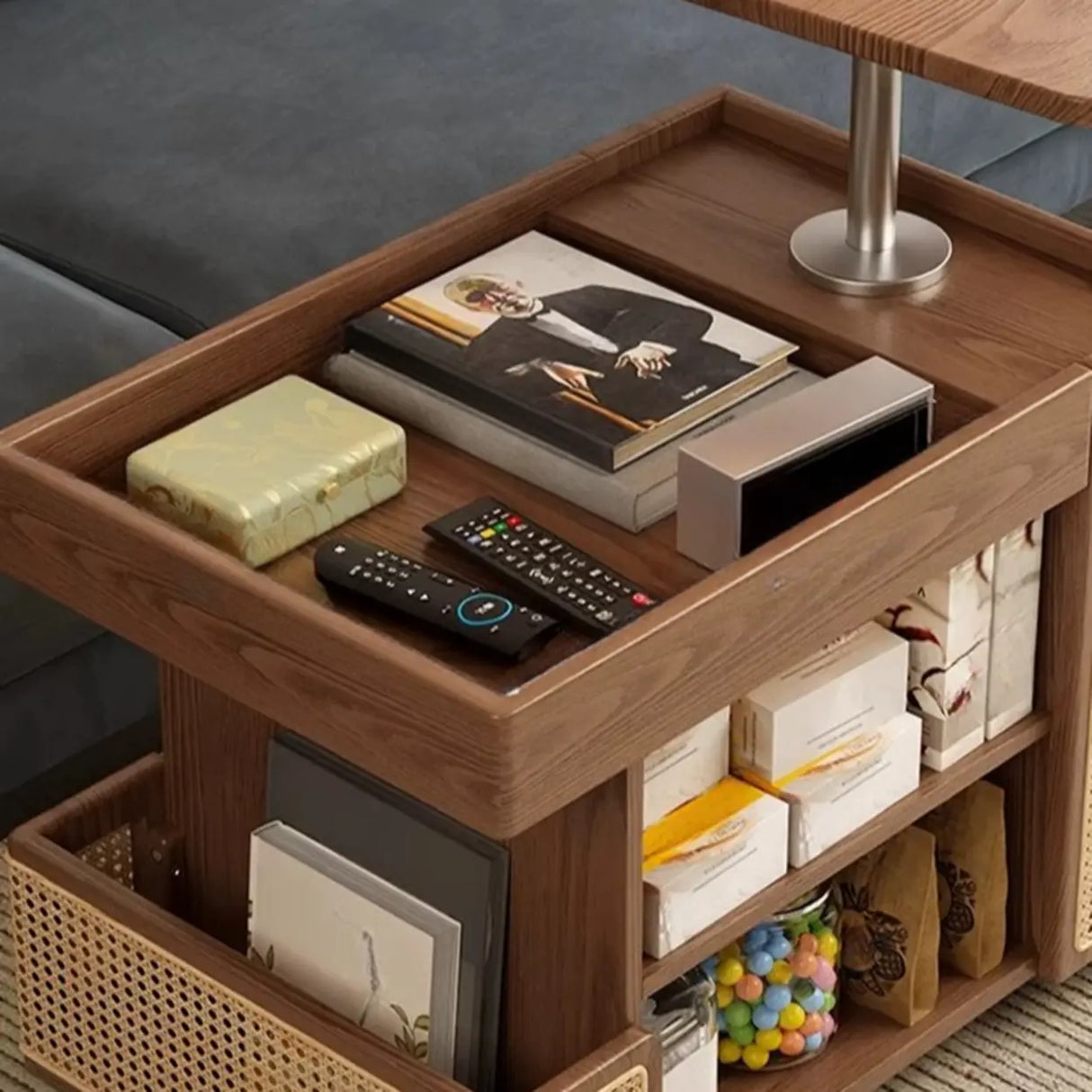 Multi-Function Wood Swivel Side Table with Storage and Wheels Image - 11