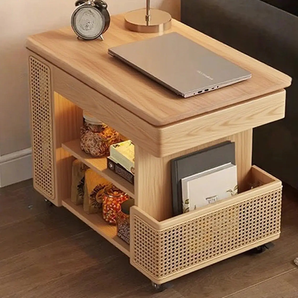 Multi-Function Wood Swivel Side Table with Storage and Wheels Image - 2