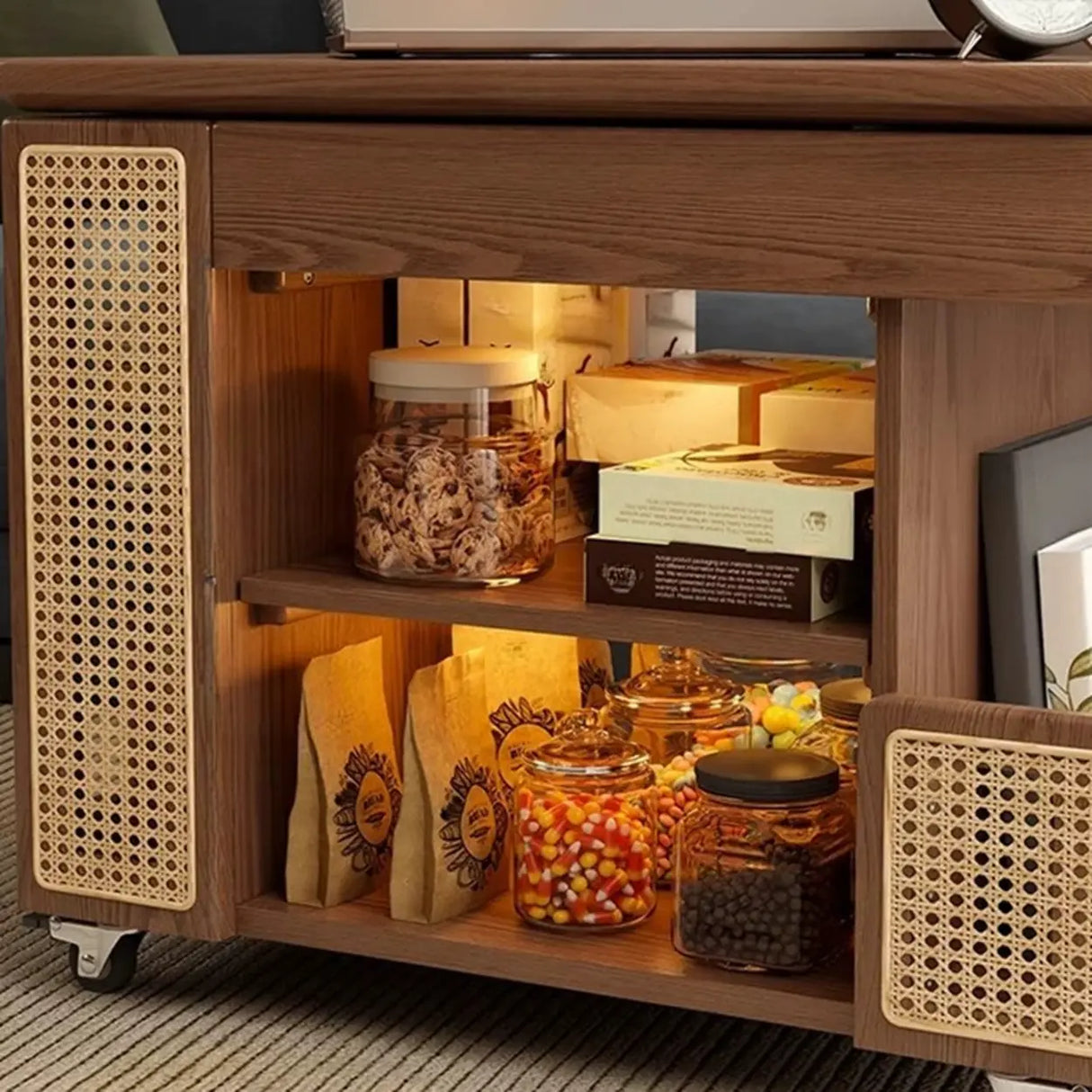 Multi-Function Wood Swivel Side Table with Storage and Wheels Image - 9